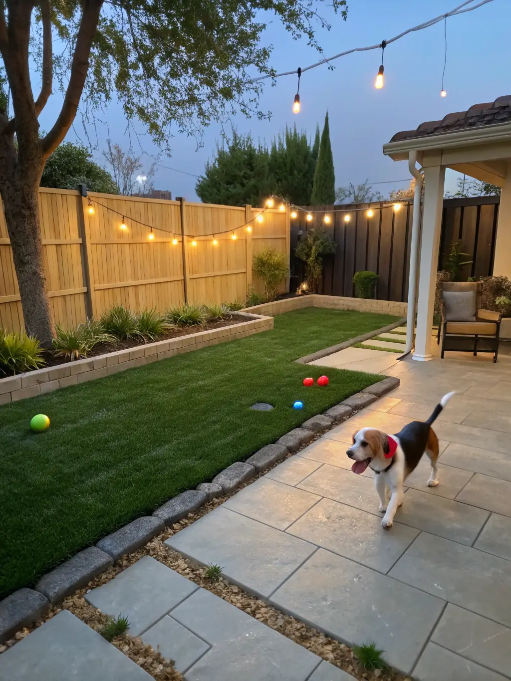 A well-maintained yard with a dog happily playing, illustrating the benefits of weekly waste removal. The yard is consistently clean and inviting.