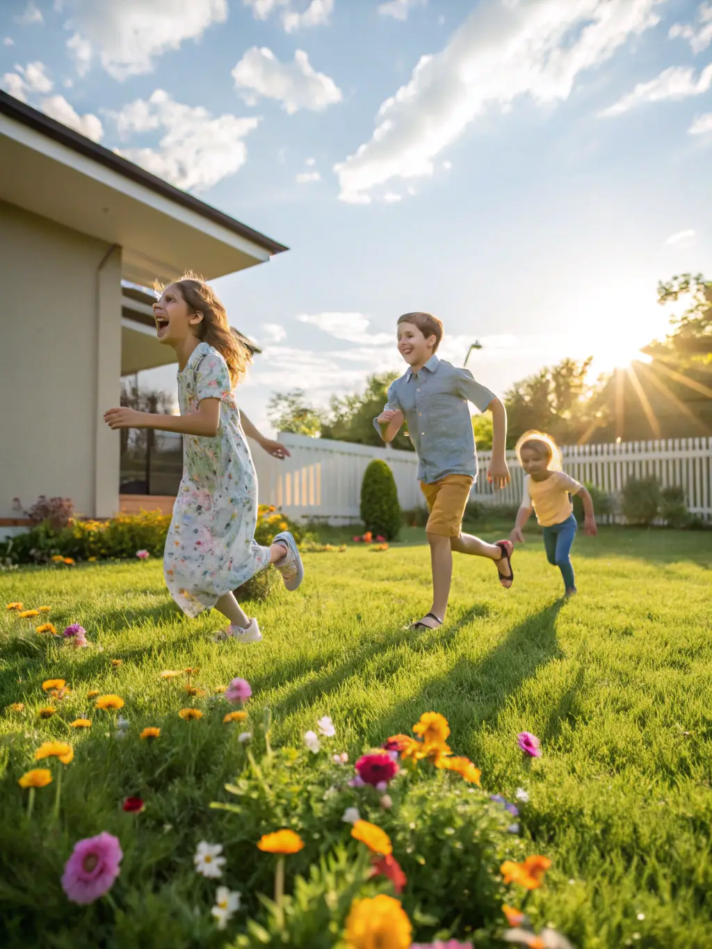 A serene backyard with a family enjoying outdoor activities, showcasing the advantages of bi-weekly waste removal. The yard is clean and safe for everyone.
