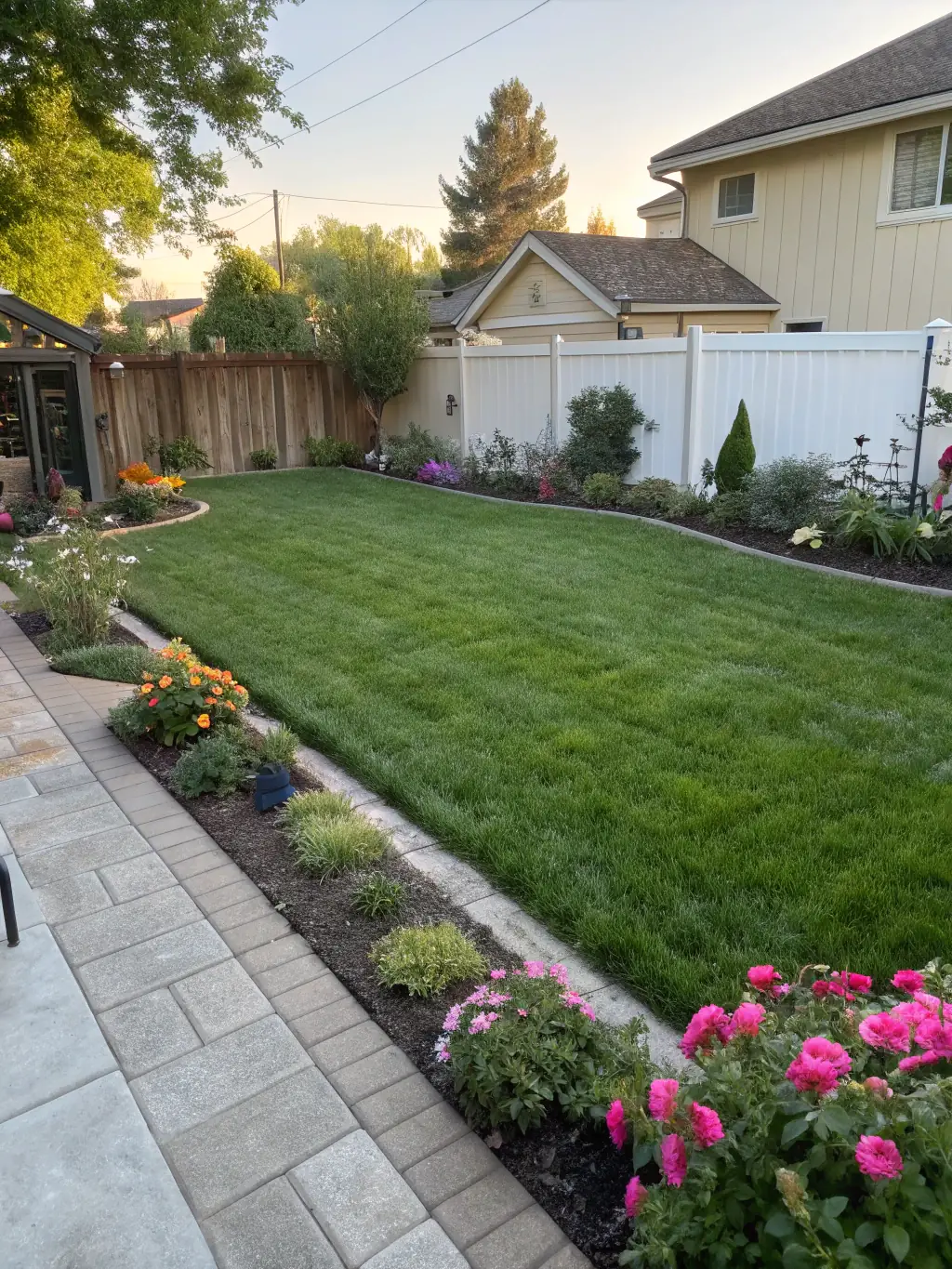 A clean, green lawn with no visible dog waste, representing the result of a one-time cleanup service. The sun is shining, and the grass is perfectly manicured.